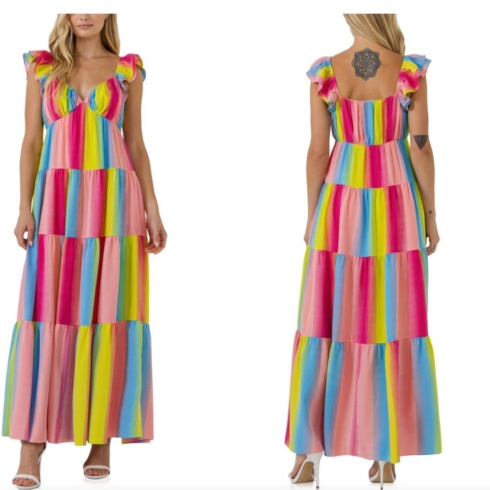 New! Endless Rose medium rainbow ombré stripe maxi dress with fluttery sleeves.